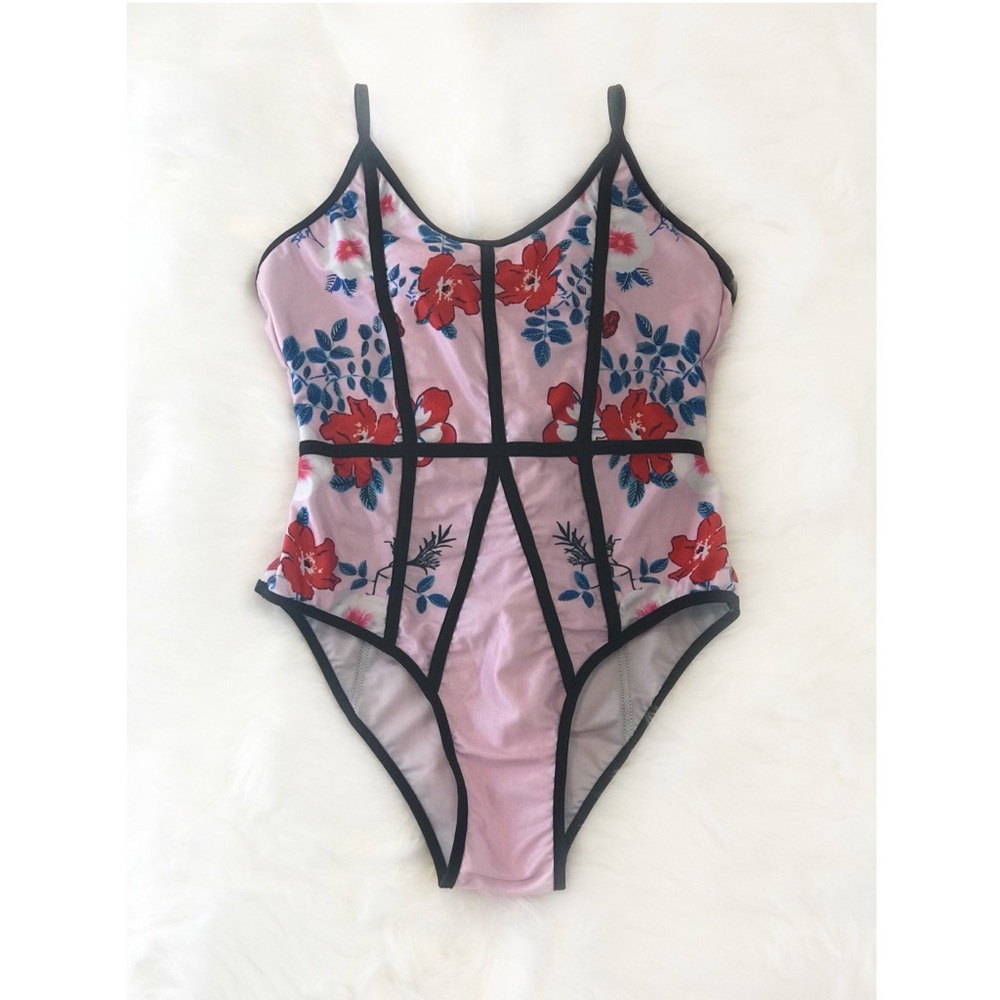 Pink, Floral, Symmetrical One Piece Bathing Suit